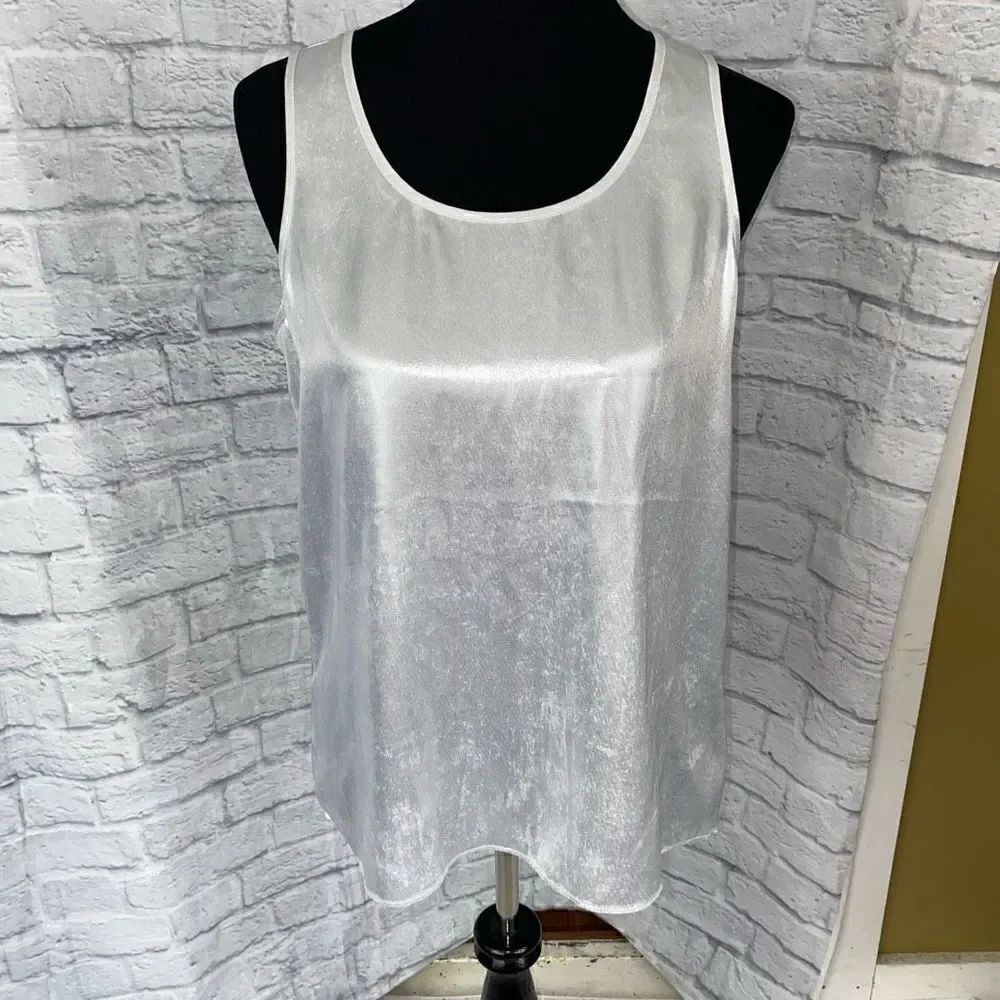 Express women L shimmer scoopneck tank w/cross open back silver
